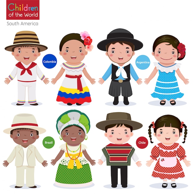 다른 전통 의상-콜롬비아-아르헨티나-브라질-칠레 어린이 | 프리미엄 벡터